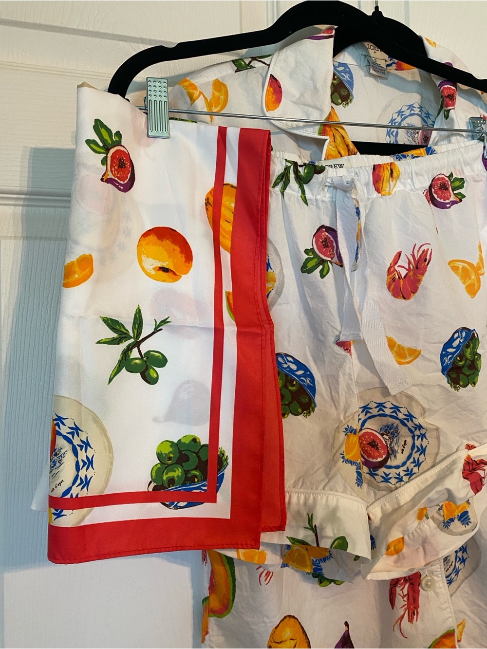 J. Crew White Fruit Olive Print Cotton Pajama Set with Scarf - Picture 5 of 12